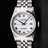 Rolex Mens Stainless Steel White Roman Smooth Bezel Datejust Datejust Wristwach