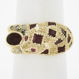14k Yellow Gold 1.60 ctw Ruby & Diamond 3D Textured Spotted Leopard Cocktail Rin
