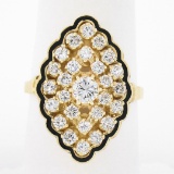 Vintage 14k Yellow Gold 1.12 ctw Round Diamond Black Enamel Navette Marquise Rin