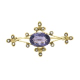 Vintage Victorian Revival 14K Yellow Gold Oval Amethyst & Seed Pearl Pin Brooch