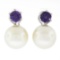 Vintage 18k White Gold Large 14mm White Pearl Round Amethyst Drop Omega Earrings