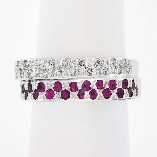 NEW 14K Gold 0.85 ctw Pave Pink Sapphire & Diamond Dual Stack Look Wavy Band Rin