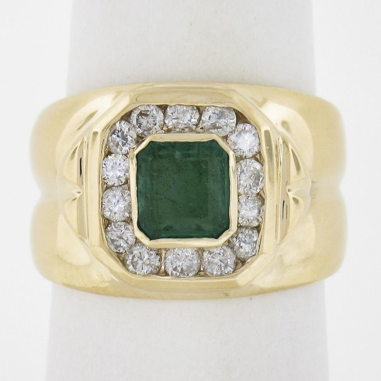 Estate 14k Yellow Gold 1.56 ctw Green Emerald & Channel Set Diamond Wide Band Ri