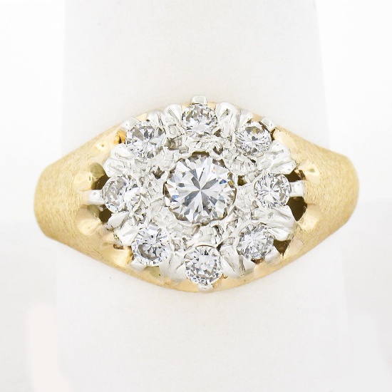 Men's Vintage 14K Two Tone Gold 0.80 ctw Round Diamond Brushed Finish Cluster Ri