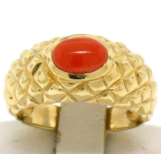 14k Yellow Gold NICE Oval Cabochon Bezel Set Coral Domed Quilted Texture Ring