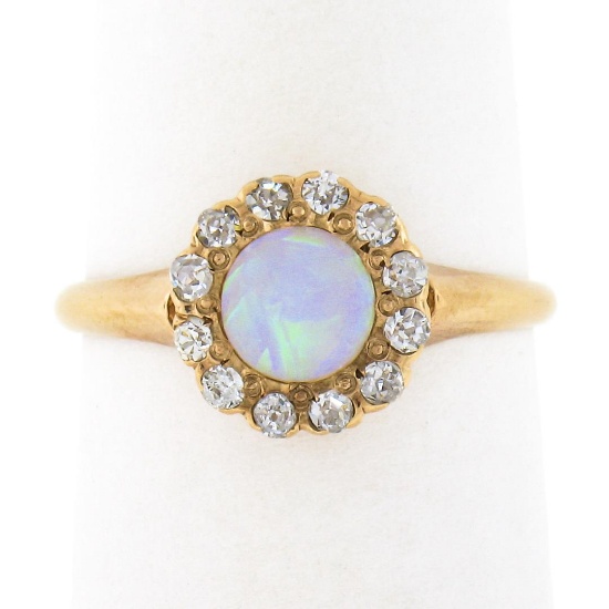 Antique Victorian 14K Gold Round Opal Solitaire Diamond Halo Petite Cluster Ring