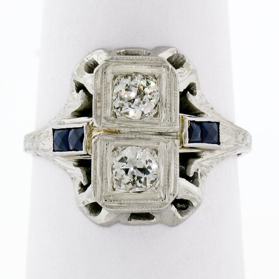 Antique Art Deco 18K White Gold .46 ctw Diamond Sapphire Open Etched Dinner Ring