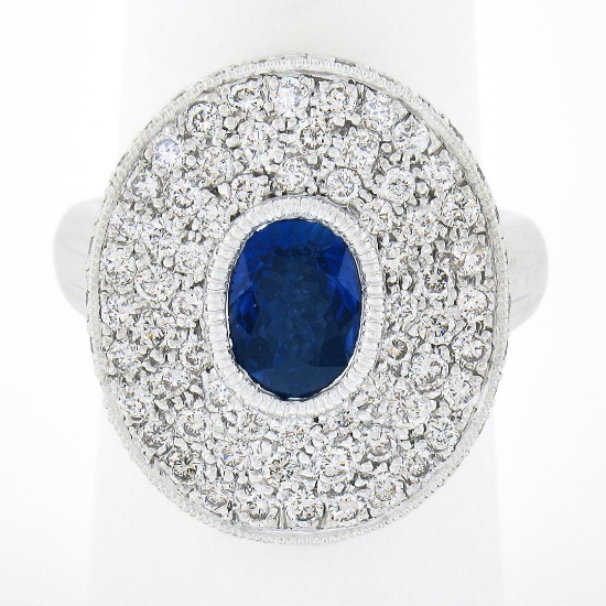 Platinum Oval Bezel Sapphire Pave Diamond Covered Milgrain Platter Cocktail Ring