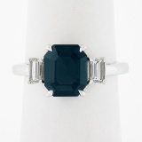 Platinum GIA Octagonal Greenish Blue NO HEAT Sapphire & Diamond 3 Stone Ring