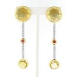 Antonini 18K TT Gold Bezel Citrine Diamond & Ruby Long Dangle Day Night Earrings