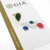 NEW 18K Gold 9.99 ctw GIA Carved Scalloped Pear Cabochon Emerald Cocktail Ring