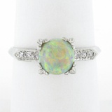 Vintage Platinum 7.6mm Prong Round Cabochon Opal Solitaire Diamond Accents Ring