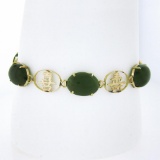 Vintage 14k Yellow Gold Oval Jade Chinese Open Work Symbol Letters Link Bracelet