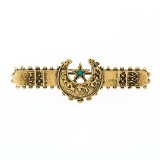 Vintage Victorian Revival 14K Gold Turquoise Crescent & Star Bar Pin Brooch
