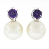 Vintage 18k White Gold Large 14mm White Pearl Round Amethyst Drop Omega Earrings