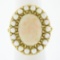 Vintage 14K Yellow Gold Oval Cabochon Opal Solitaire & Pearl Bead Cocktail Ring