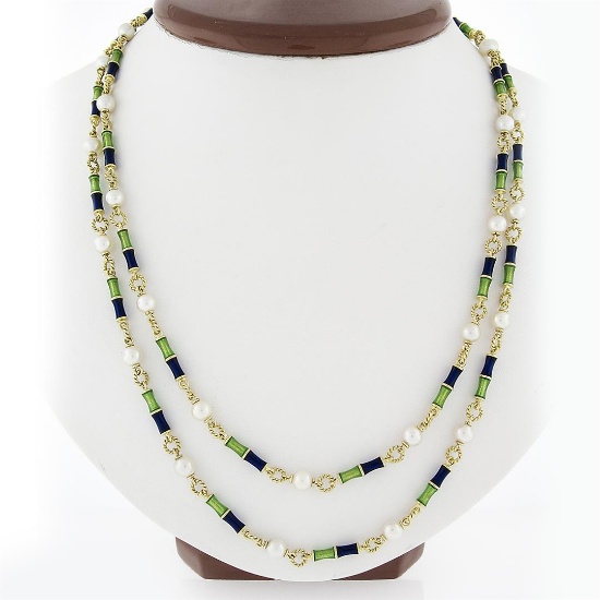 Vintage 18k Gold Long Enamel Pearl By The Yard & Twisted Wire Link 40" Necklace