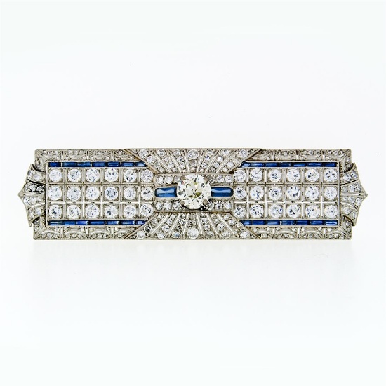 Antique Art Deco Platinum 7.24 ctw Diamond Large Sapphire Filigree Brooch Pin