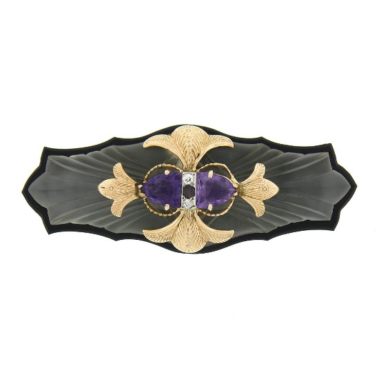 Antique 18k Gold Amethyst & Diamond Carved Camphor Glass Black Onyx Pin Brooch