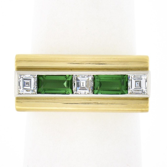 Unisex Vintage 18k Gold 1.10 ctw Baguette Tourmaline & Square Diamond Band Ring
