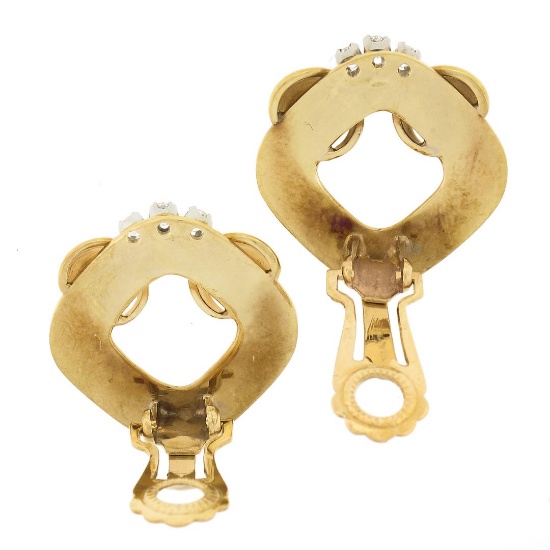 Vintage Retro 14K Gold & Platinum w/ Diamond Grooved Fluted Clip On Earrings