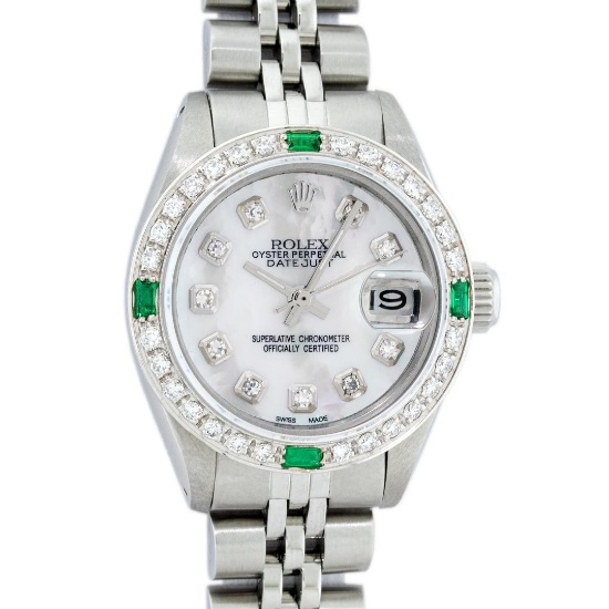 Rolex Ladies Quickset Stainless Steel White Diamond And Emerald 26MM Datejust Wr