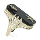 Antique Art Deco 14K Gold Black Onyx & Diamond Masonic Star Long Dinner Ring
