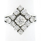 Vintage 14K White Gold 2.04 ctw Old Transitional Cut Diamond Lozenge Platter Rin
