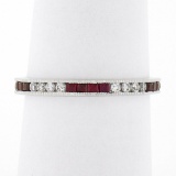 18k White Gold 0.70 ctw Square Ruby & Round Diamond Milgrain Eternity Band Ring