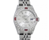 Rolex Ladies Quickset Stainless Steel Silver Index 18K White Gold Diamond & Ruby