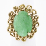 Vintage 14k Gold Oval Cabochon Jade Solitaire Free Form Dual Halo Cocktail Ring