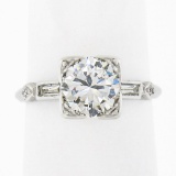 Vintage Platinum 1.50 ctw Round Solitaire w/ Baguette Diamond Engagement Ring