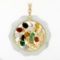 Vintage 14k Gold Multi Color Carved Jade Bamboo Floral Butterfly Large Pendant