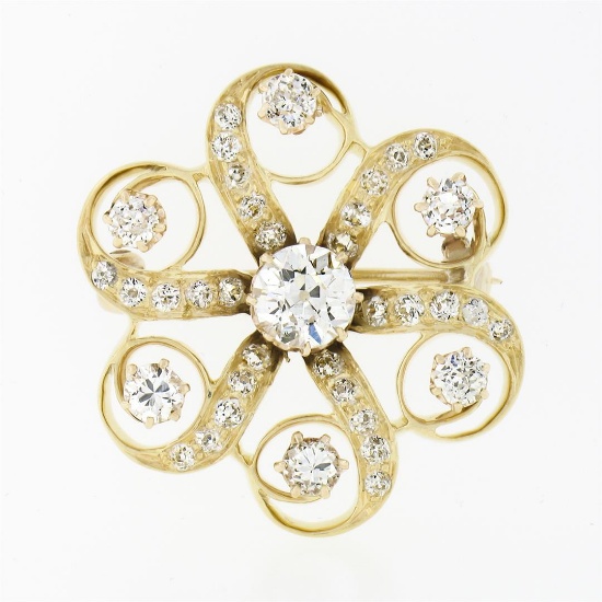 Antique Victorian 18k Gold 1.97 ctw Old European Diamond Swirl Flower Pin Brooch