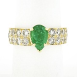 18k Yellow Gold 3.06 ctw Pear Prong Emerald Solitaire Pave Diamond Engagement Ri