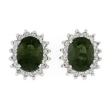 14K White Gold 3.98 ctw Oval Green Sapphire & Round Diamond Halo Stud Earrings