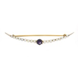 Vintage 14k Gold Plat 0.50 ctw Amethyst & Graduated Seed Pearl Crescent Pin Broo