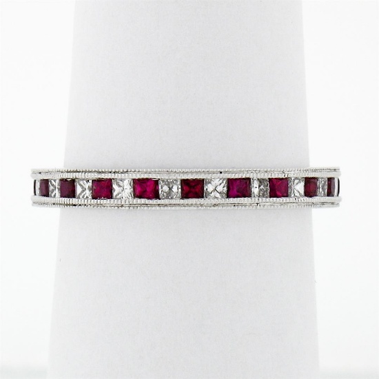 New .900 Platinum .92 ctw Calibre Ruby Diamond Double Milgrain Eternity Band Rin