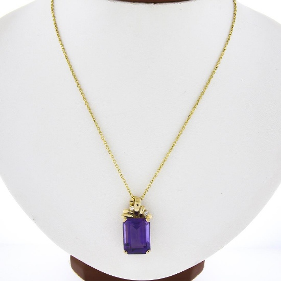 14k Yellow Gold Large Emerald Cut Amethyst w/ Diamond Bow Ribbon Pendant & Chain