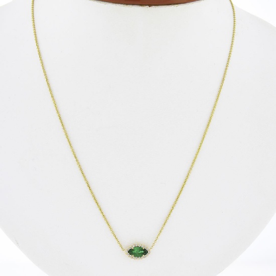 NEW 18k Gold .78 ctw GIA Marquise Emerald Solitaire Diamond Halo Pendant Necklac