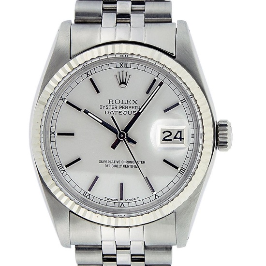 Rolex Mens Stainless Steel 36MM Silver Index 14K White Gold Fluted Bezel Datejus