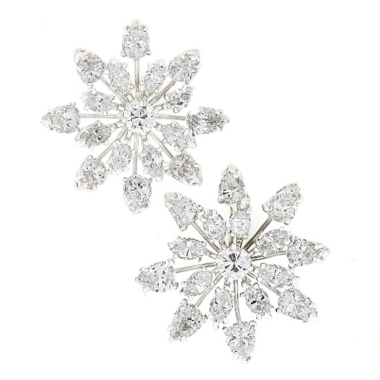 Vintage Platinum 6.4 ctw Pear Marquise Diamond Large Snowflake Spray Stud Earrin