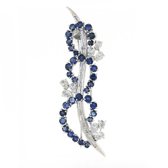 Fancy Vintage 18k Gold 6.05 ctw Diamond & Sapphire Wave Overlap Swirl Pin Brooch