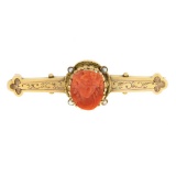 Antique Victorian 14k Gold GIA Carved Coral Cameo Hand Engraved Bar Brooch Pin