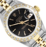 Rolex Ladies Sapphire Quickset Black Index Yellow Gold Diamond Bezel Datejust Wi
