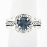 Fredric Sage 18k White Gold Round Sapphire Solitaire Pave Diamond Halo Band Ring