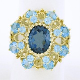 10k Yellow Gold Large Oval Round Blue Stone Open Work Domed Tiered Cluster Ring