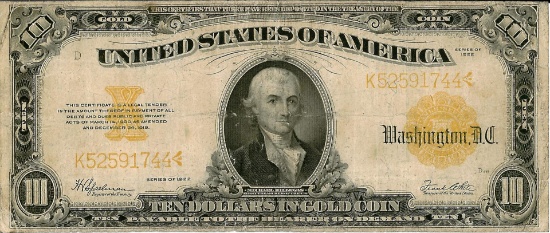 1922 $10 Gold Certificate Bank Note