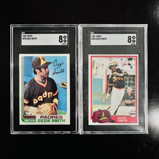 Set of (2) Ozzie Smith Baseball Cards - 1981 & 1982 Topps, SGC Graded 8