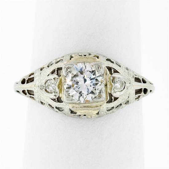Vintage 18k Gold Old Cut Diamond Solitaire Filigree Engagement or Promise Ring